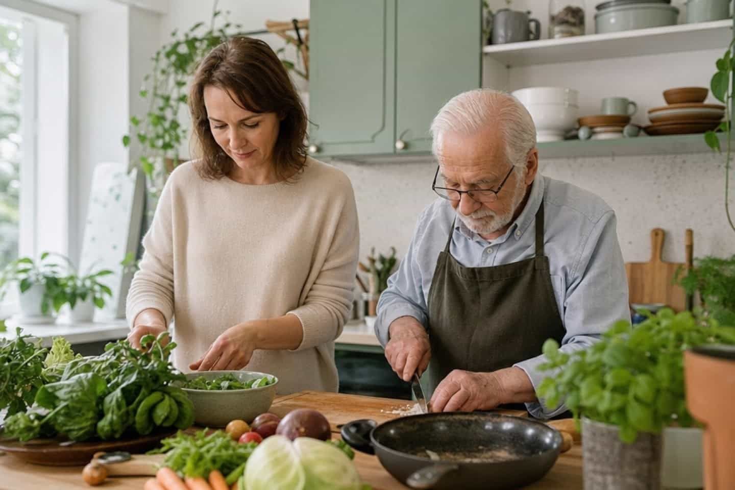 Ein älterer Mann und eine Frau bereiten gemeinsam Essen in der Küche zu