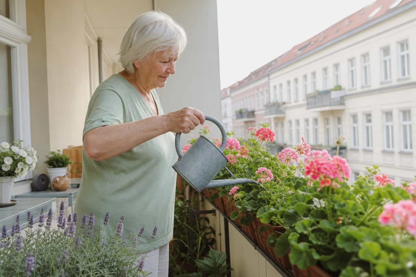Seniorin gießt Geranien auf dem Balkon ihrer Wohnung