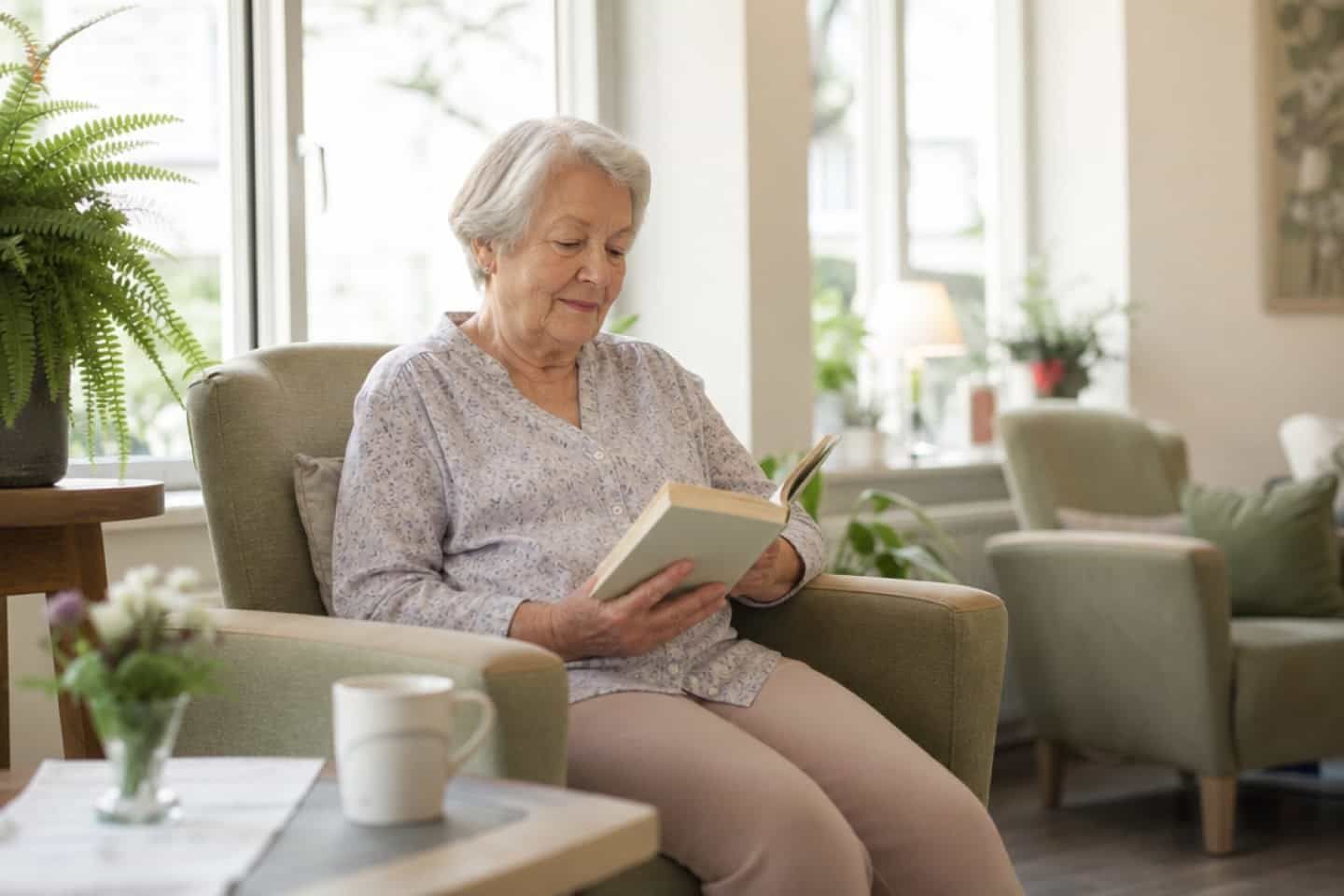 Seniorin sitzt in einem hellen Gemeinschaftsraum im Pflegeheim