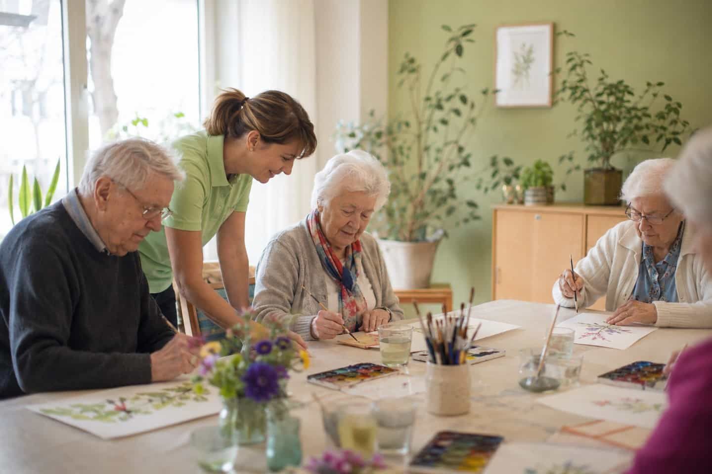 Senioren malen gemeinsam mit einer Betreuerin in der Tagespflege